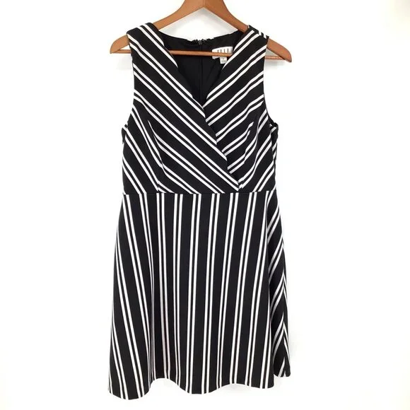 Elle Womens Sleeveless Black & White Striped Fit & Flare Dress Size 12 Office - Picture 1 of 7